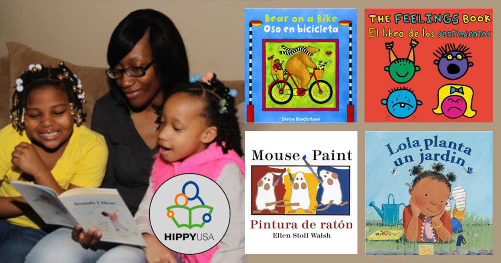parent reading to children and 4 book covers